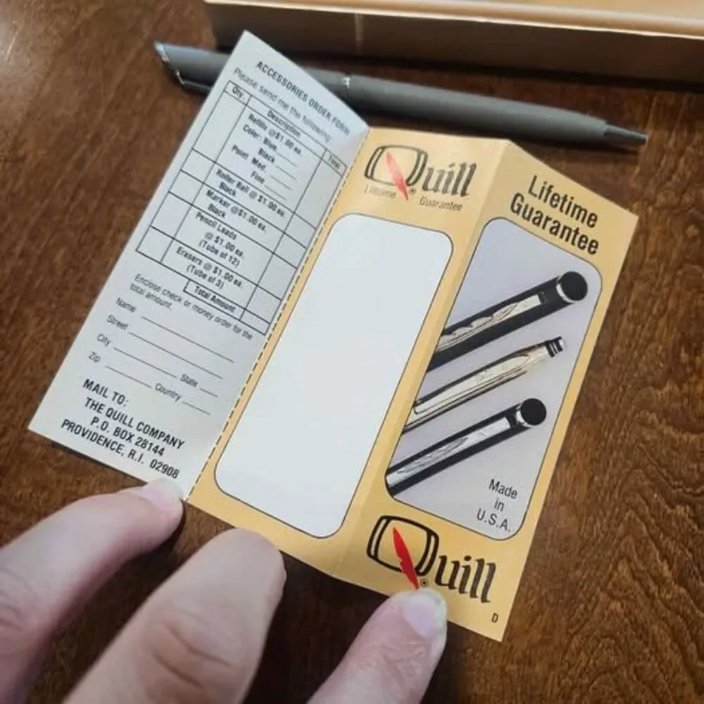 Quill ballpoint pen set with box lifetime guarantee. Needs new ink
